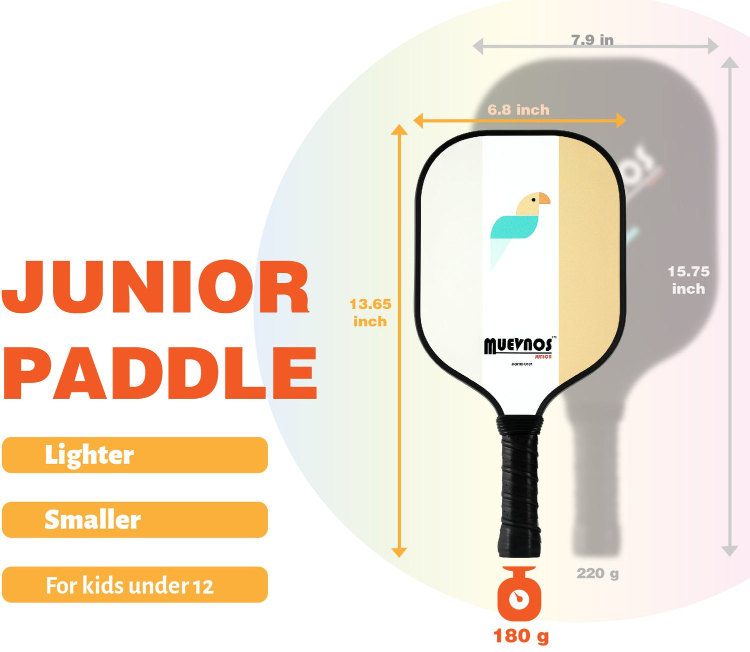 Comparison graphic showing a Kids' Pickleball Paddle on the left, featuring a scaled-down design, and an Adult Pickleball Paddle on the right, highlighting size and weight differences.