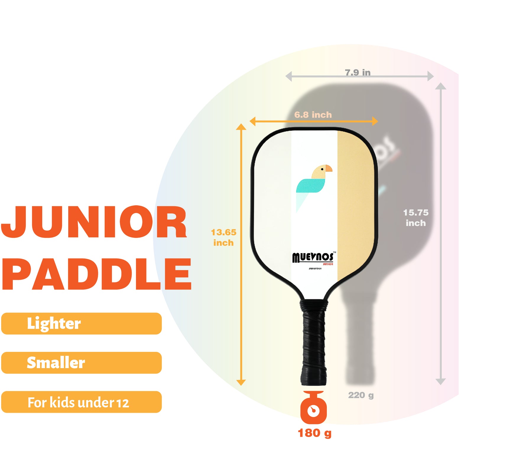 Comparison graphic showing a Kids' Pickleball Paddle on the left, featuring a scaled-down design, and an Adult Pickleball Paddle on the right, highlighting size and weight differences.